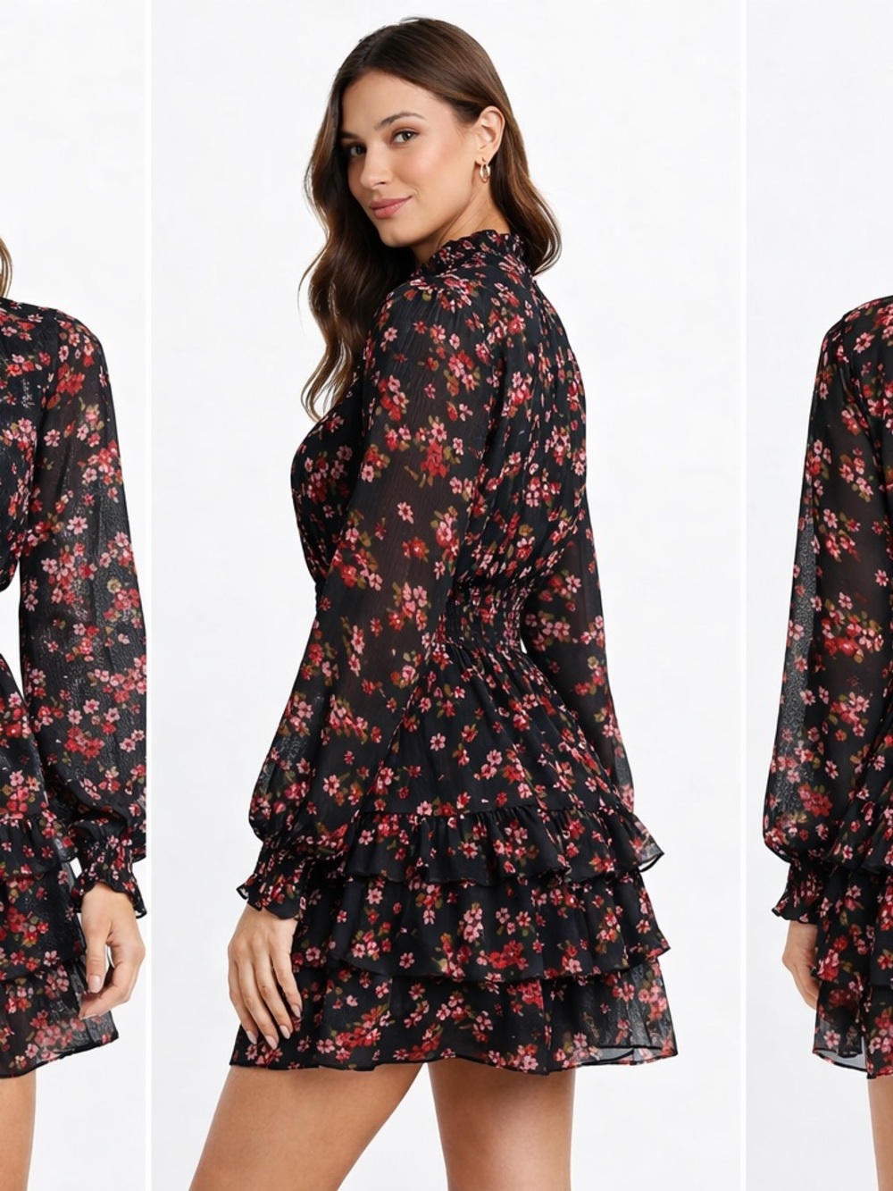 Floral Ruffle Tiered Mini Dress - Black with Pink Floral - Picture 3 of 11